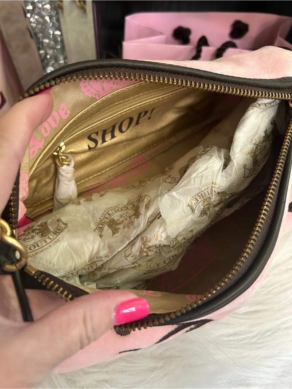 NWT Y2K Vintage 2007 Juicy Couture Pink Velour Brown Leather Tootsie Barrel Bag